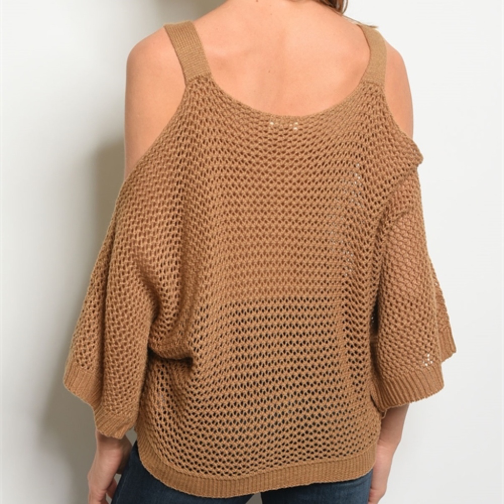 Taupe Long sleeve cold shoulder knit sweater top. - Picture 3 of 3